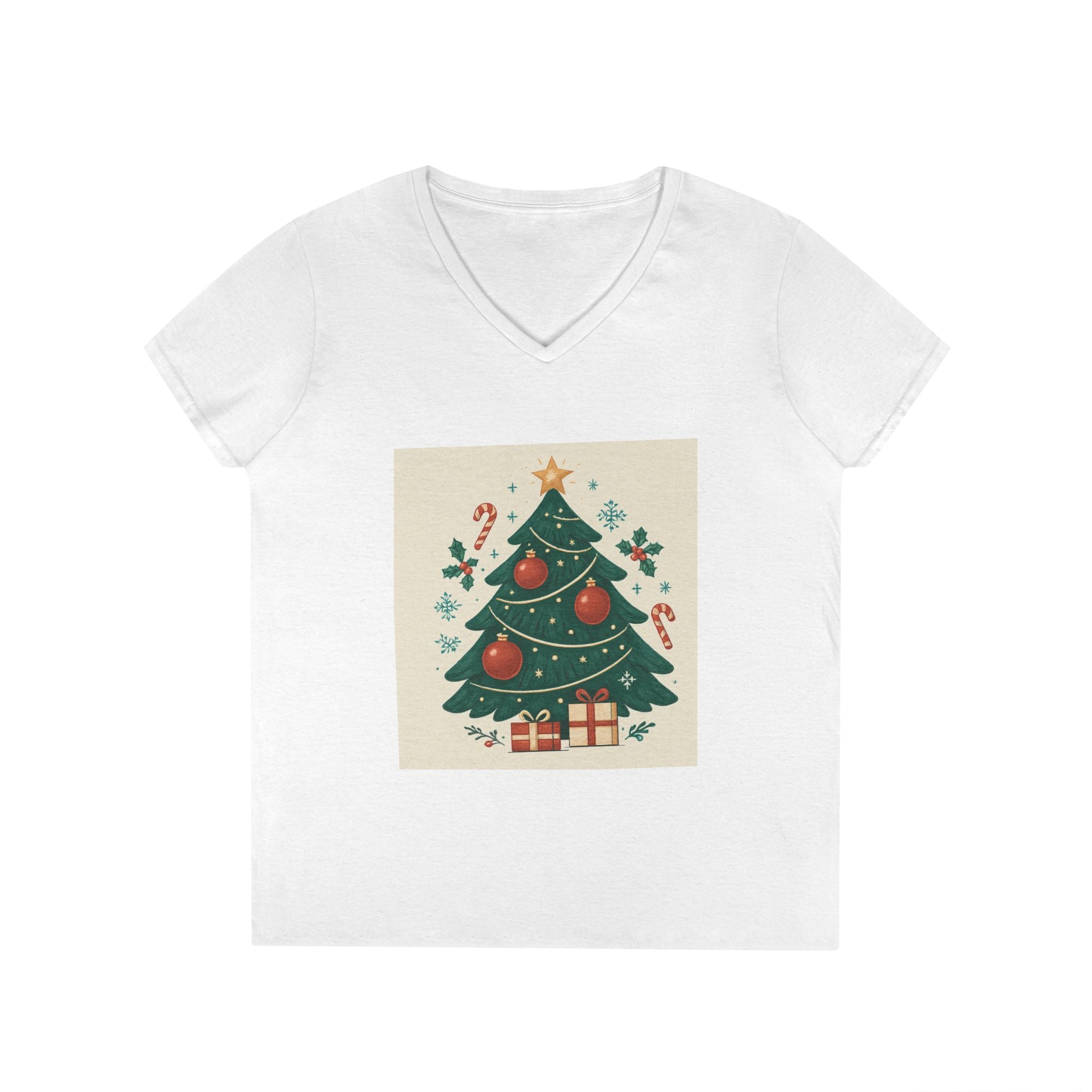 Christmas Tree Ladies' V-Neck T-Shirt, Holiday Gift, Cute Christmas Tee, Festive Shirt, Seasonal Apparel, Women's Style