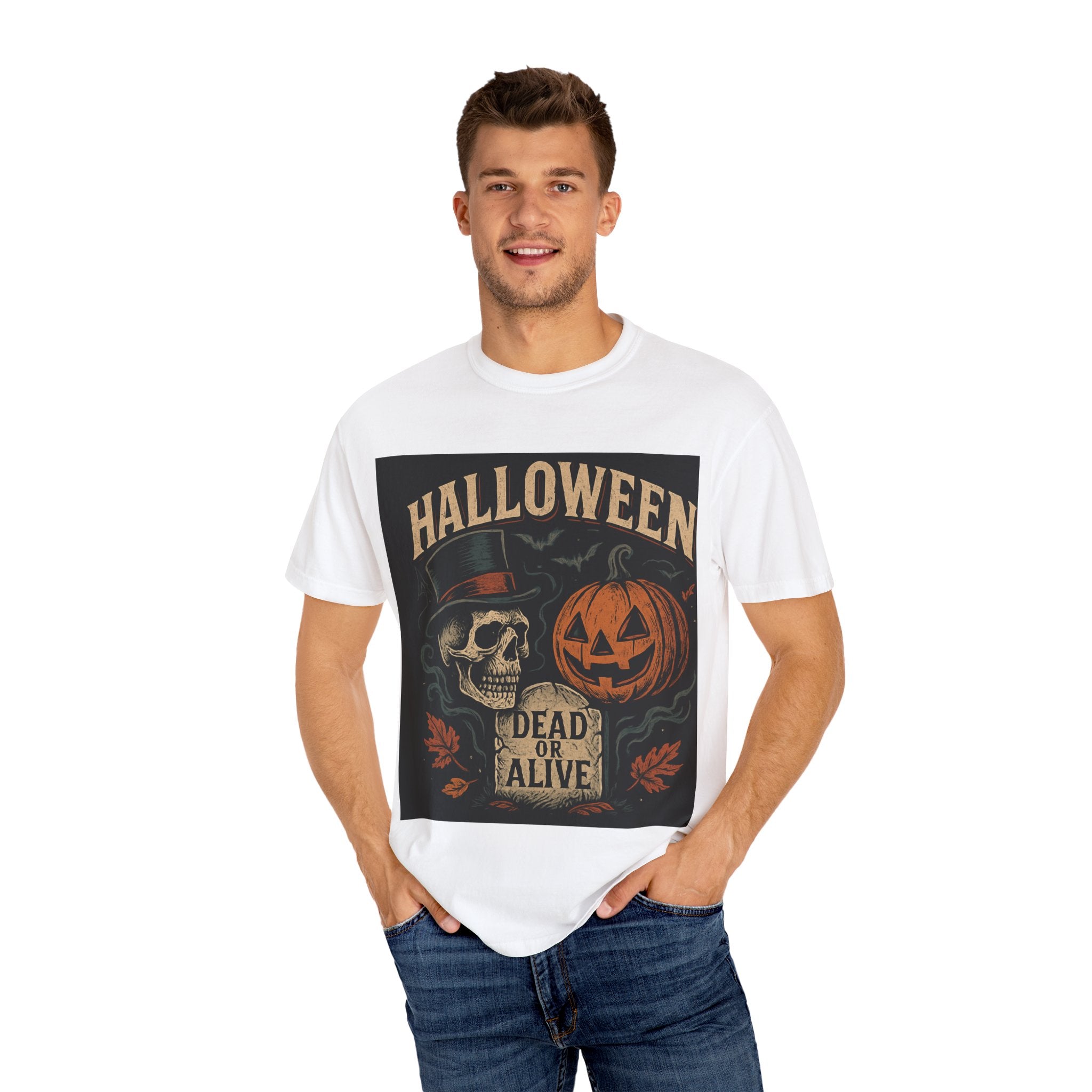 Halloween Skull T-Shirt, Unisex Garment-Dyed Tee, Spooky Graphic Shirt, Autumn Fashion, Costume Party Wear