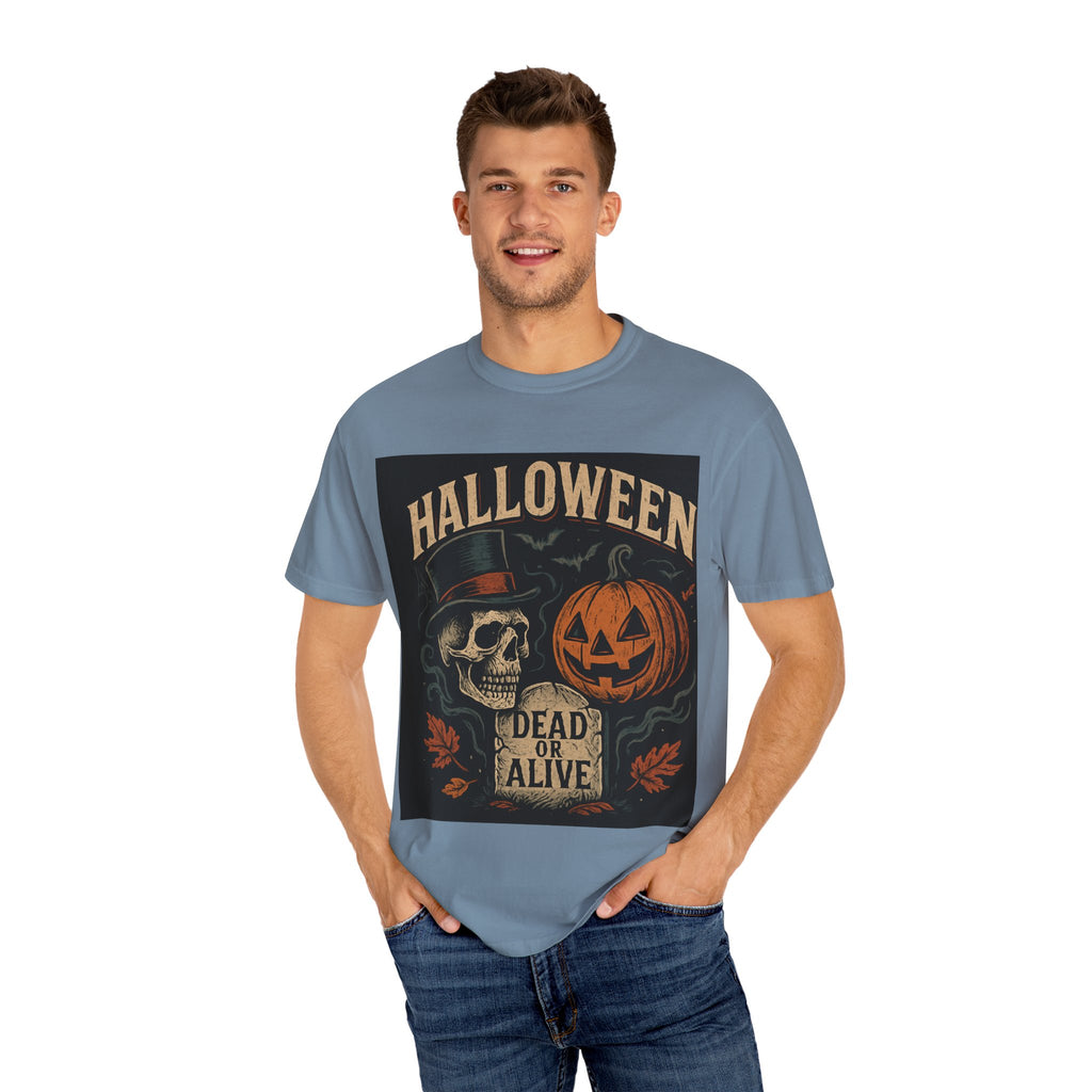 Halloween Skull T-Shirt, Unisex Garment-Dyed Tee, Spooky Graphic Shirt, Autumn Fashion, Costume Party Wear