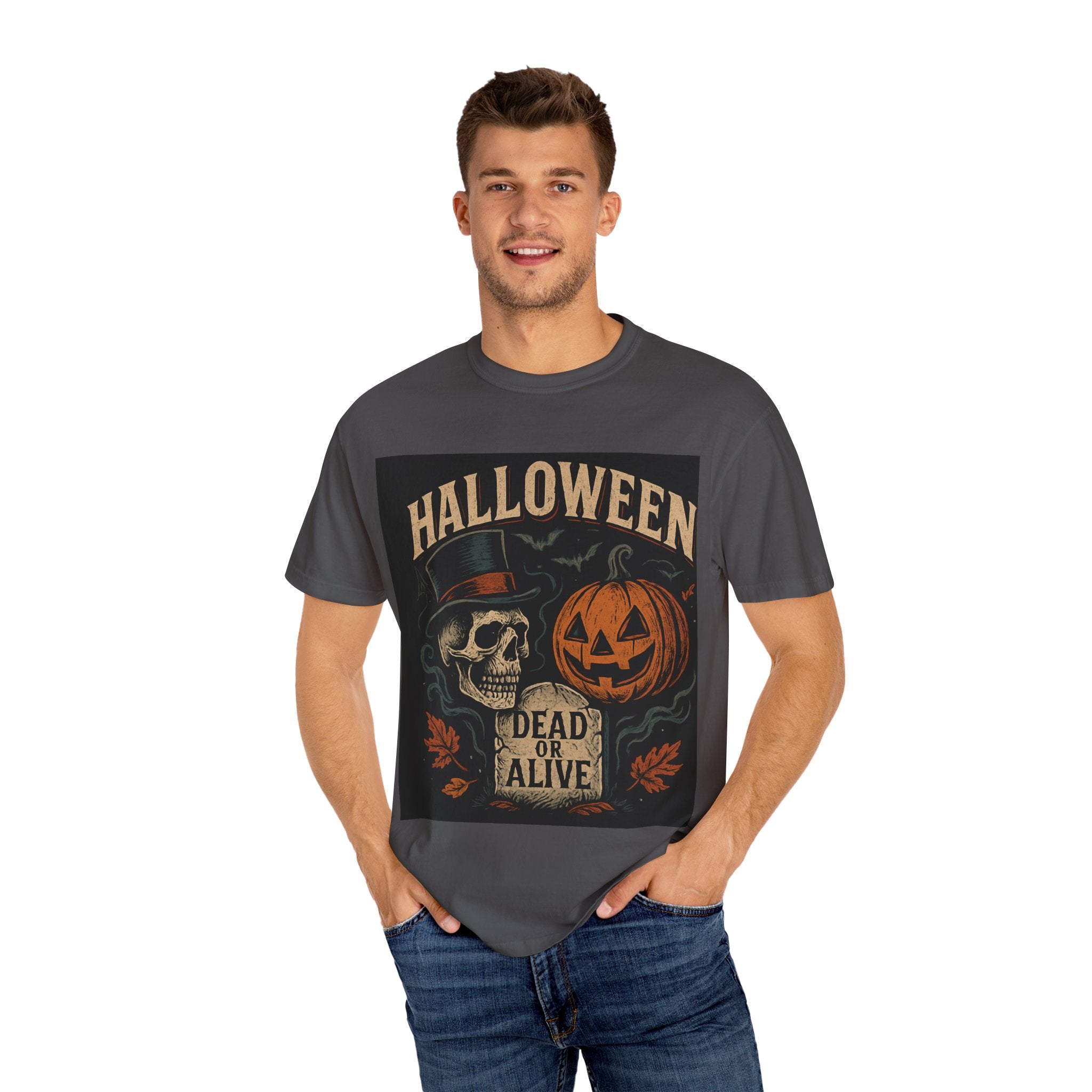 Halloween Skull T-Shirt, Unisex Garment-Dyed Tee, Spooky Graphic Shirt, Autumn Fashion, Costume Party Wear