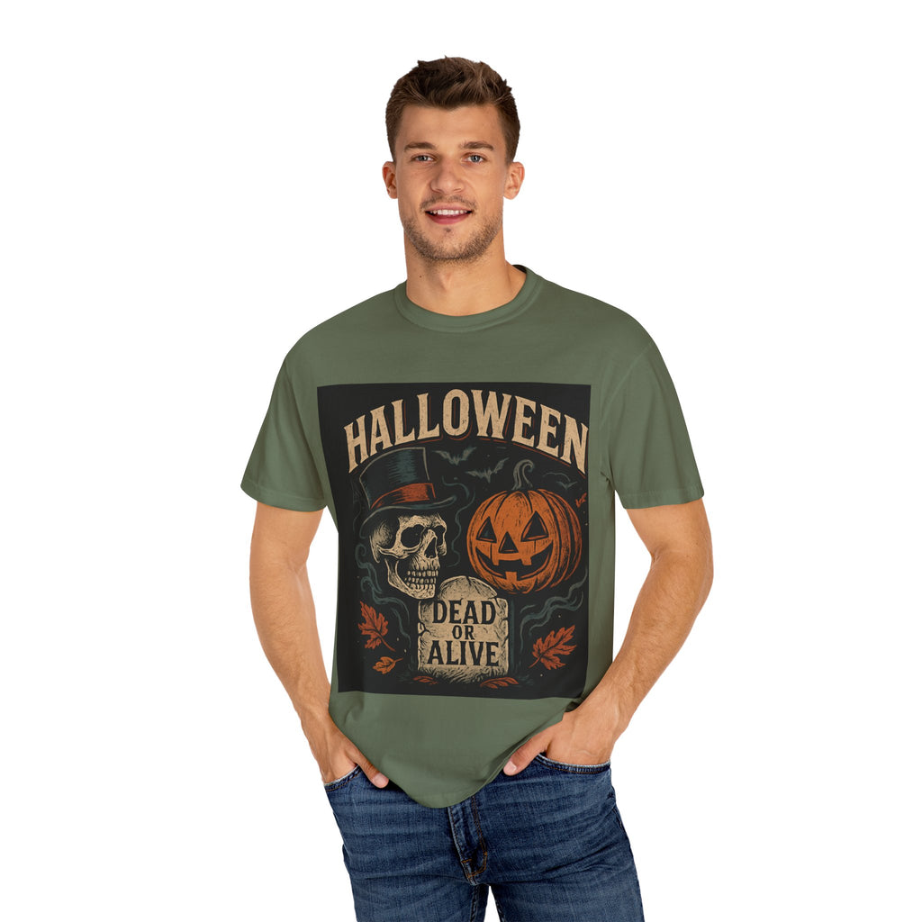 Halloween Skull T-Shirt, Unisex Garment-Dyed Tee, Spooky Graphic Shirt, Autumn Fashion, Costume Party Wear