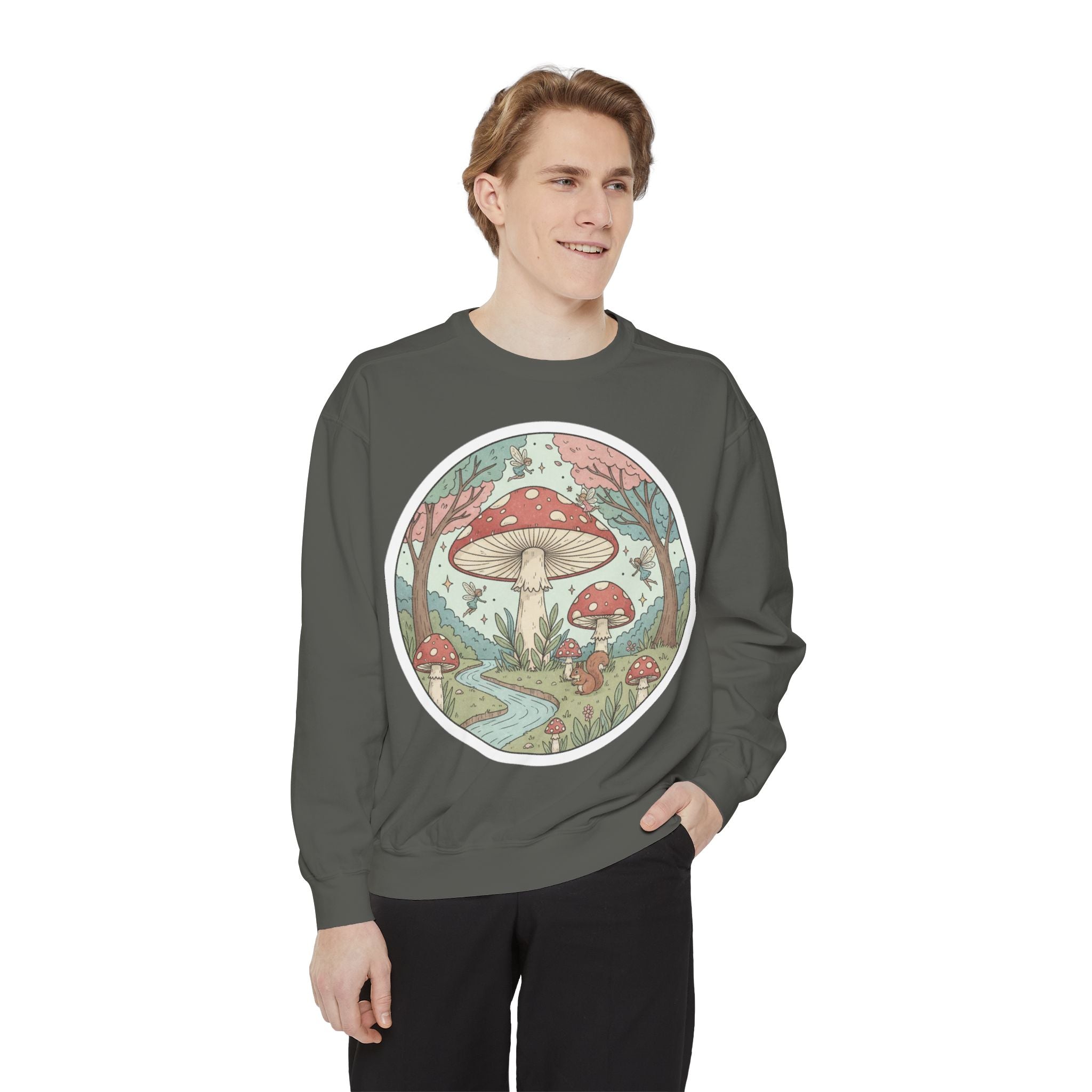 Garment-Dyed Mushroom Sweatshirt - Cozy Unisex Pullover, Nature Lovers Gift, Fall Fashion, Mushroom Decor, Eco-Friendly Style