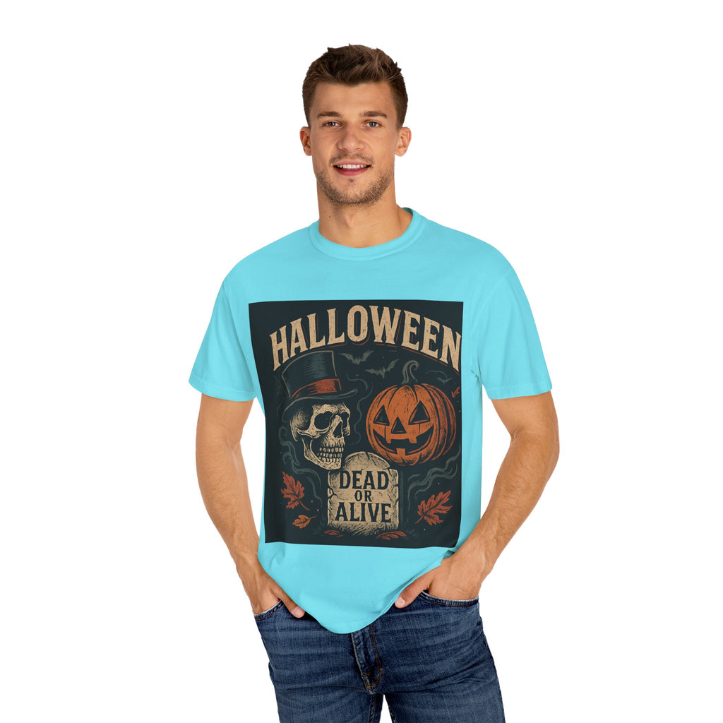 Halloween Skull T-Shirt, Unisex Garment-Dyed Tee, Spooky Graphic Shirt, Autumn Fashion, Costume Party Wear