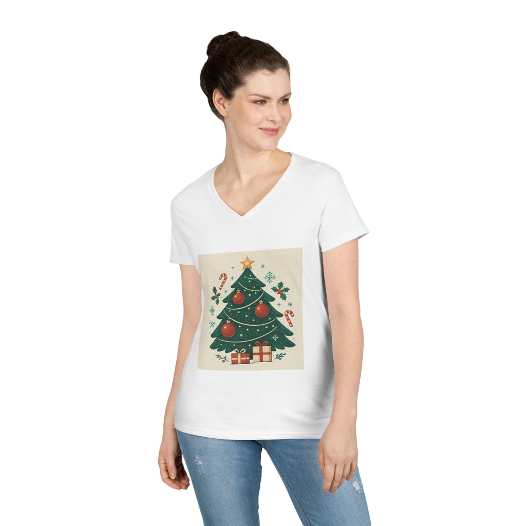 Christmas Tree Ladies' V-Neck T-Shirt, Holiday Gift, Cute Christmas Tee, Festive Shirt, Seasonal Apparel, Women's Style