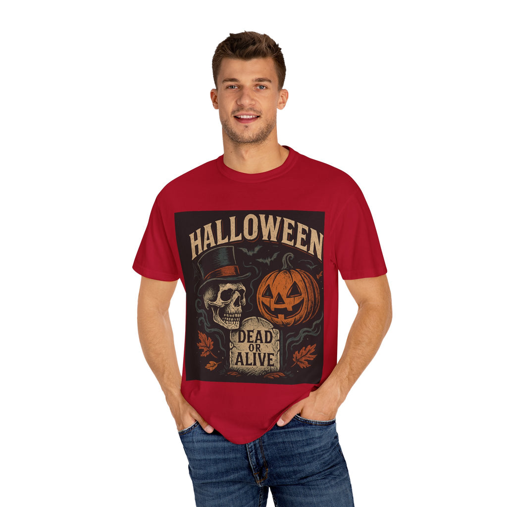 Halloween Skull T-Shirt, Unisex Garment-Dyed Tee, Spooky Graphic Shirt, Autumn Fashion, Costume Party Wear
